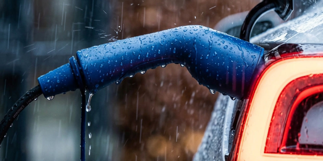 Electric car charging cable connected to a vehicle in the rain

