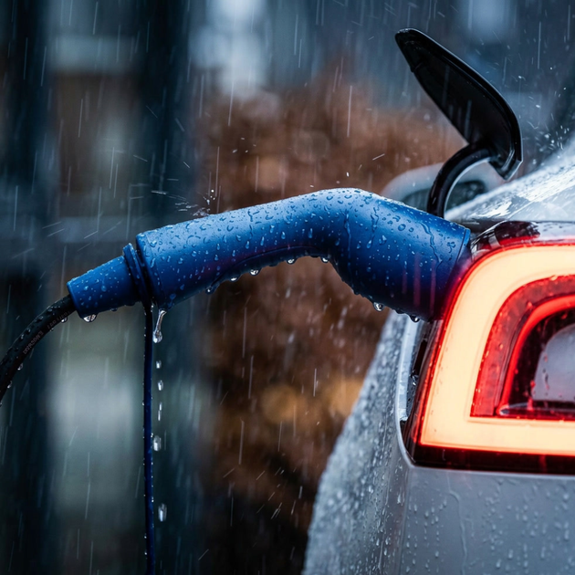Electric car charging cable connected to a vehicle in the rain

