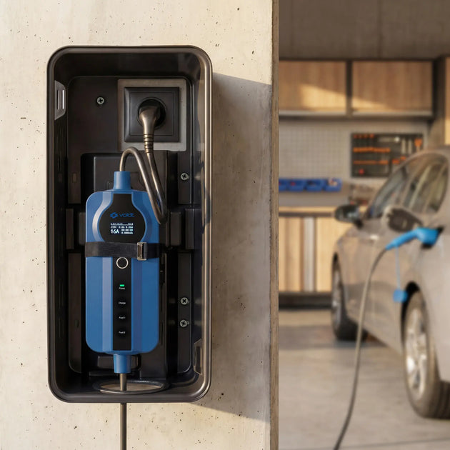 Voldt® Household Charger Box on a garage wall next to a charging electric car