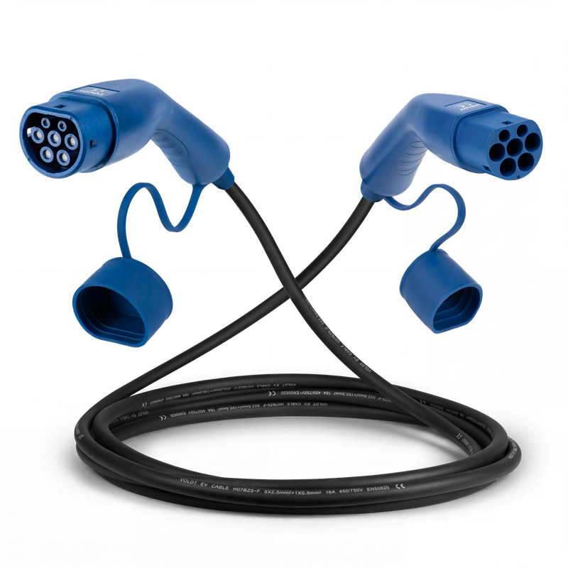 16A Mode 3 EV charging cable with two blue Type 2 connectors and dust caps