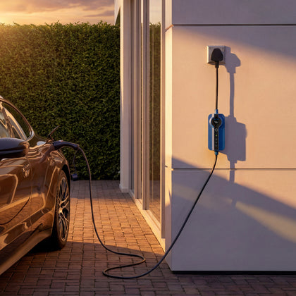 Electric car charging from a household socket at dusk with the Voldt® Type 1 Portable Charger